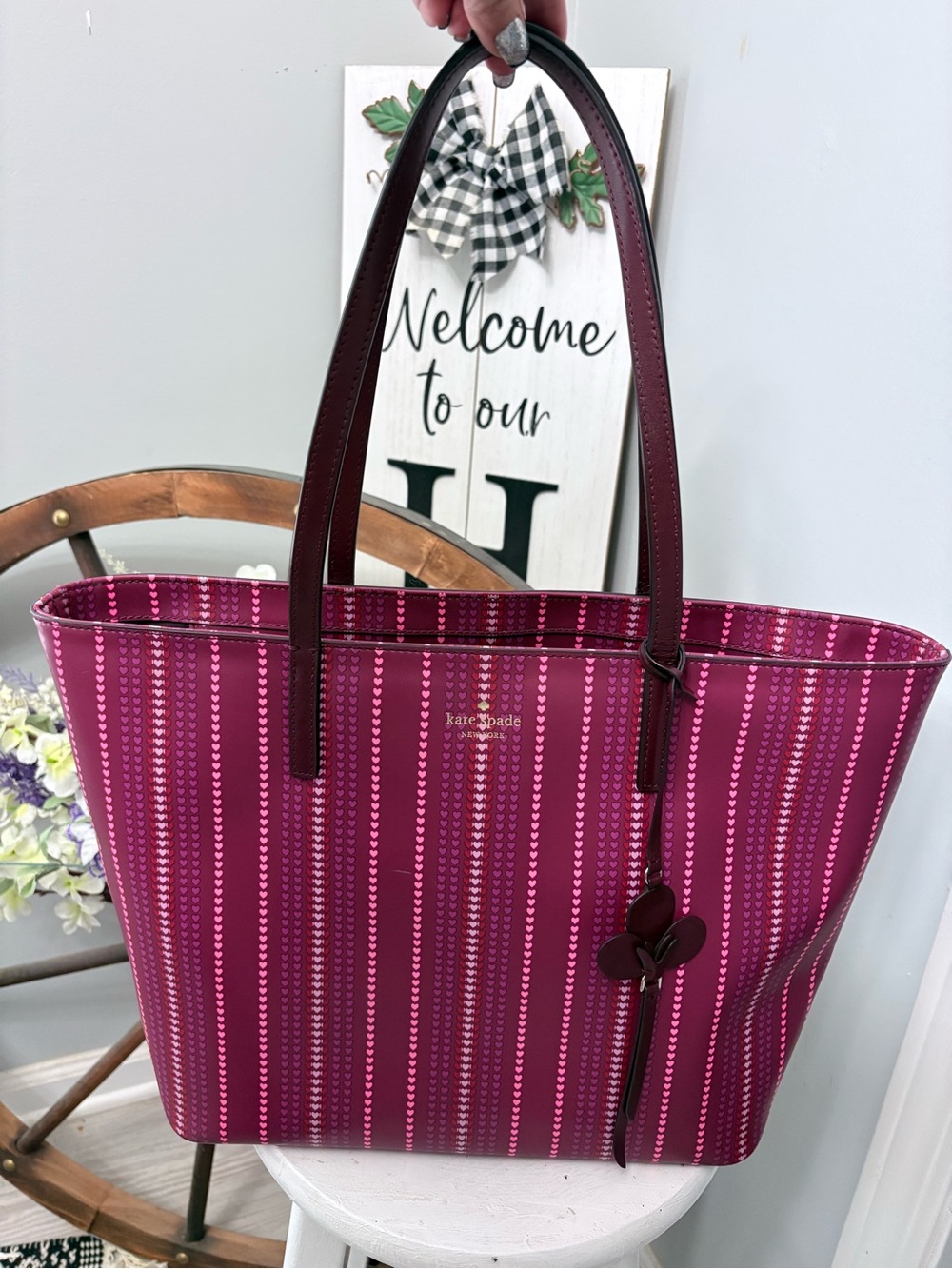 Kate Spade Pink Valentine Hearts Stripe Tote Bag